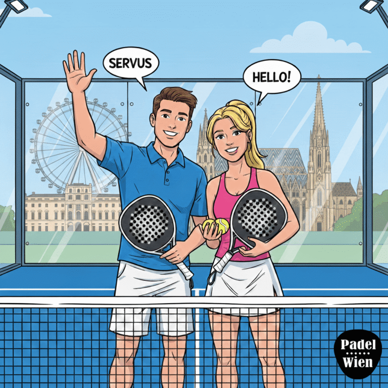 Zwei Padel-Spieler begrüßen mit „Servus“ und „Hello“ vor den Wiener Wahrzeichen