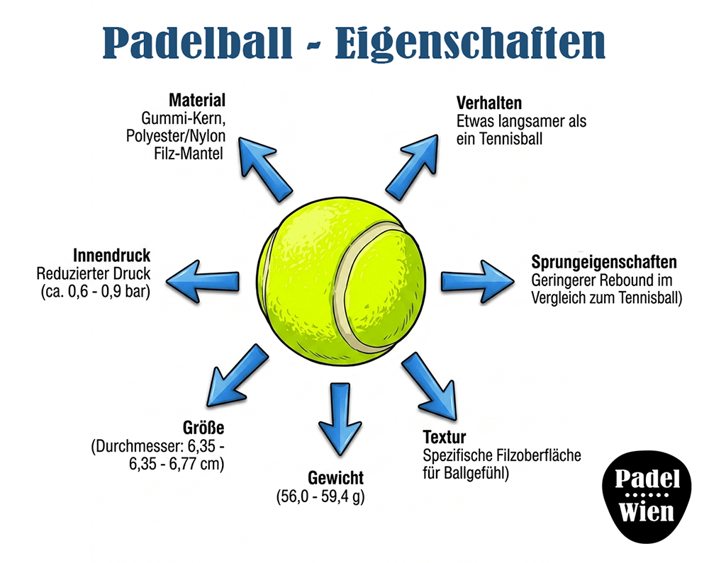 Schematische Illustration eines gelben Padelballs mit technischen Details und Pfeilen zu Material, Innendruck und Sprungeigenschaften.