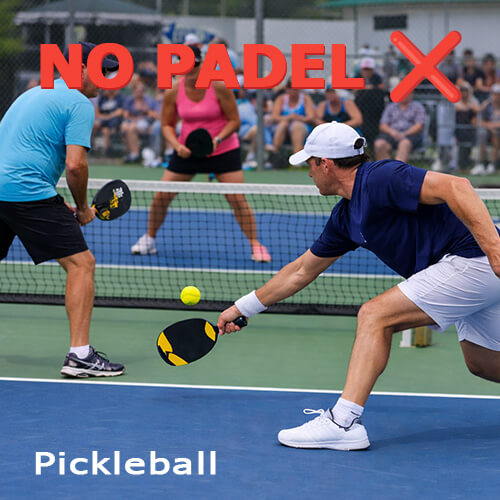 Pickleball players on a court with “No Padel” sign highlighting the difference between the sports