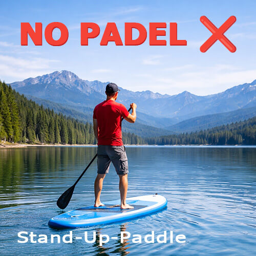 Stand-up paddle athlete on a lake with “No Padel” sign highlighting the difference between the sports