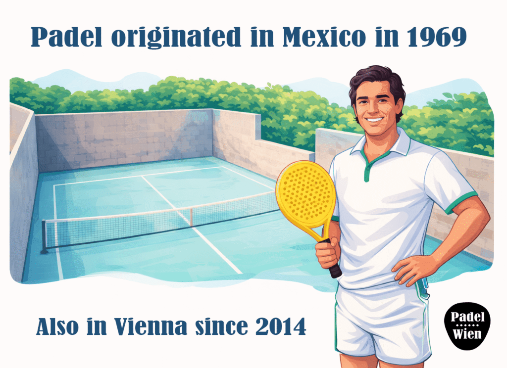 Padel player with racket in front of the very first padel court – origin of the sport in 1969 in Mexico, in Vienna since 2014