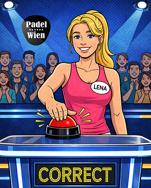 Padel Quiz: Lena presses the buzzer with the display “Correct” in a quiz show about padel.