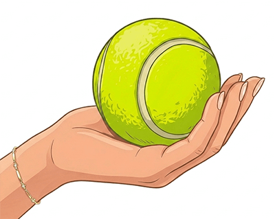 Illustration of a woman's hand in comic style holding a bright yellow padel ball in the palm of her hand.