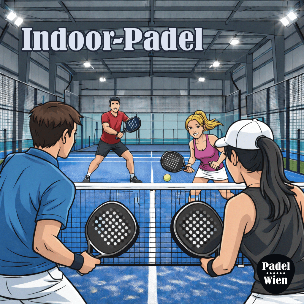 Indoor padel doubles match with four players in a covered padel court