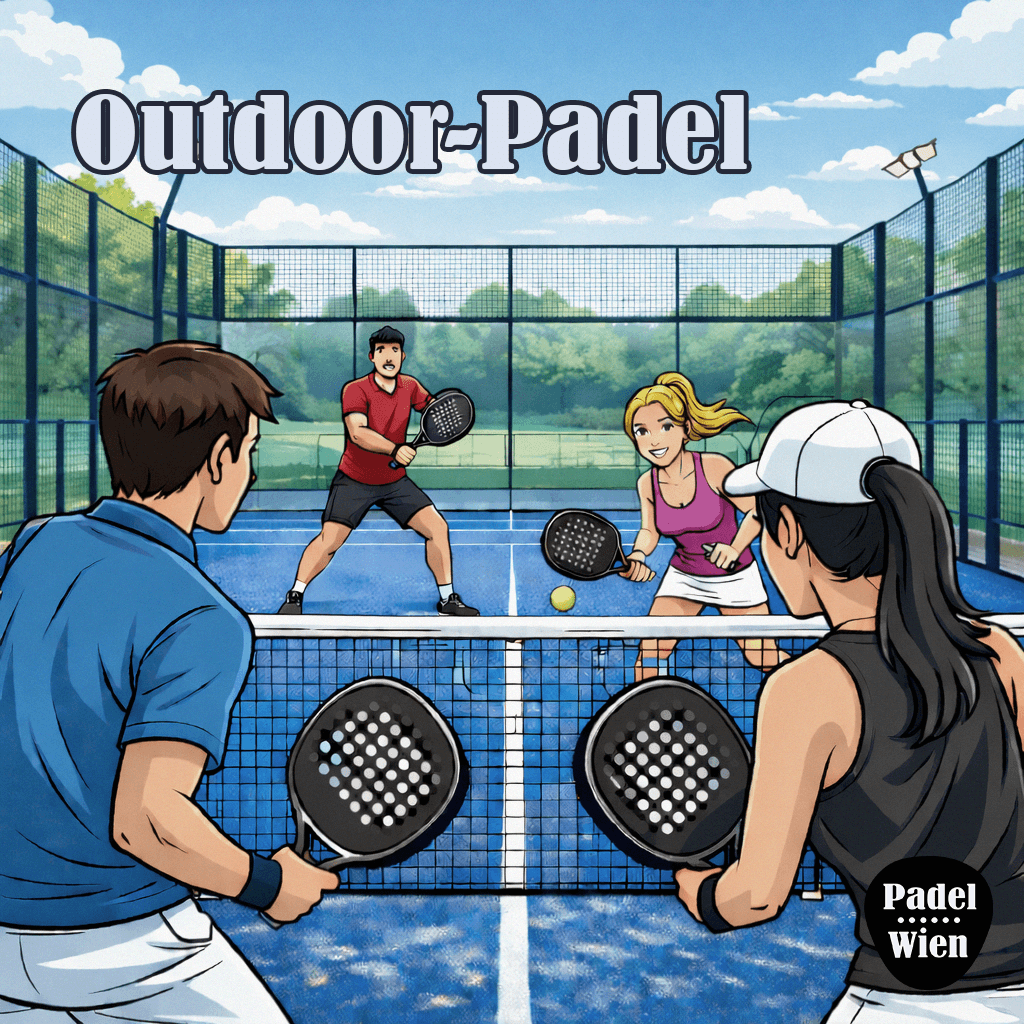Outdoor padel doubles match with four players on an outdoor padel court
